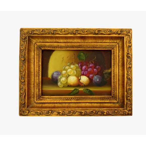 Other - Painting Still Life Fruit Oil on Canvas in Ornate Frame Vintage Miniture Art